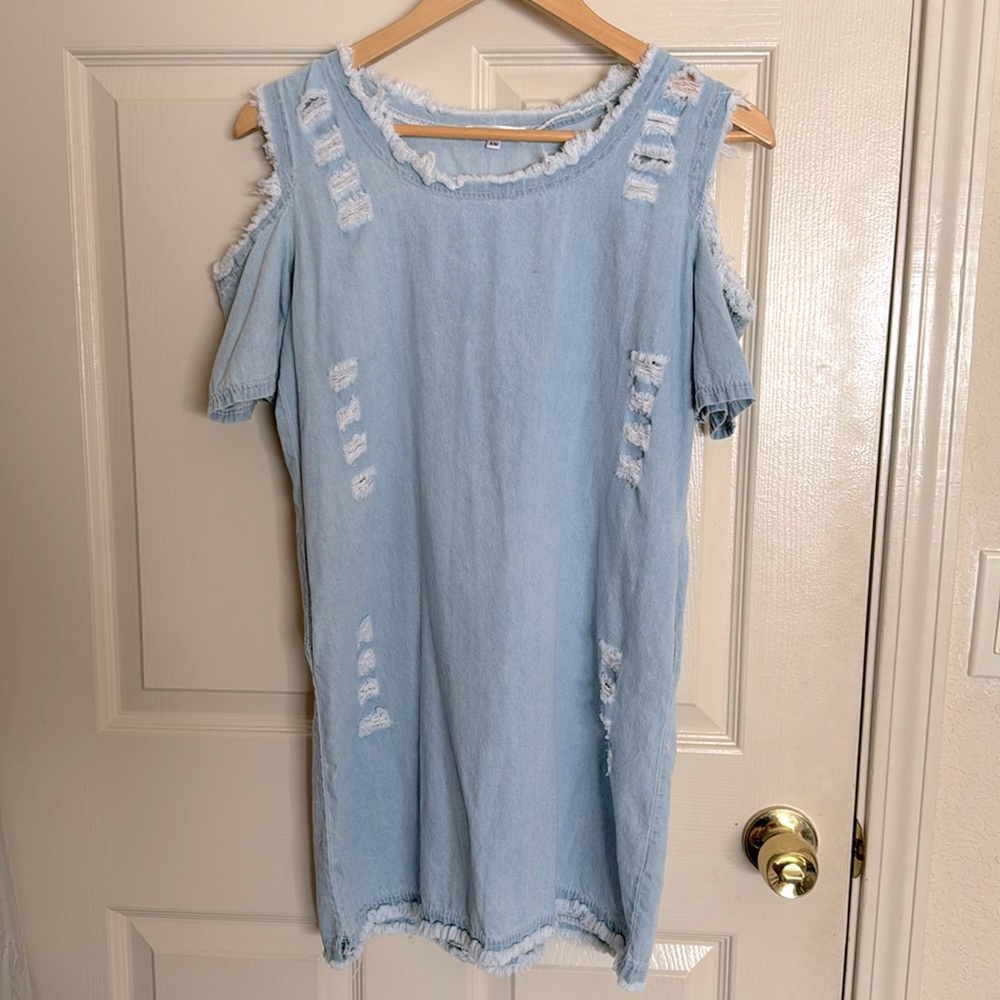 Blue distressed off shoulder denim dress